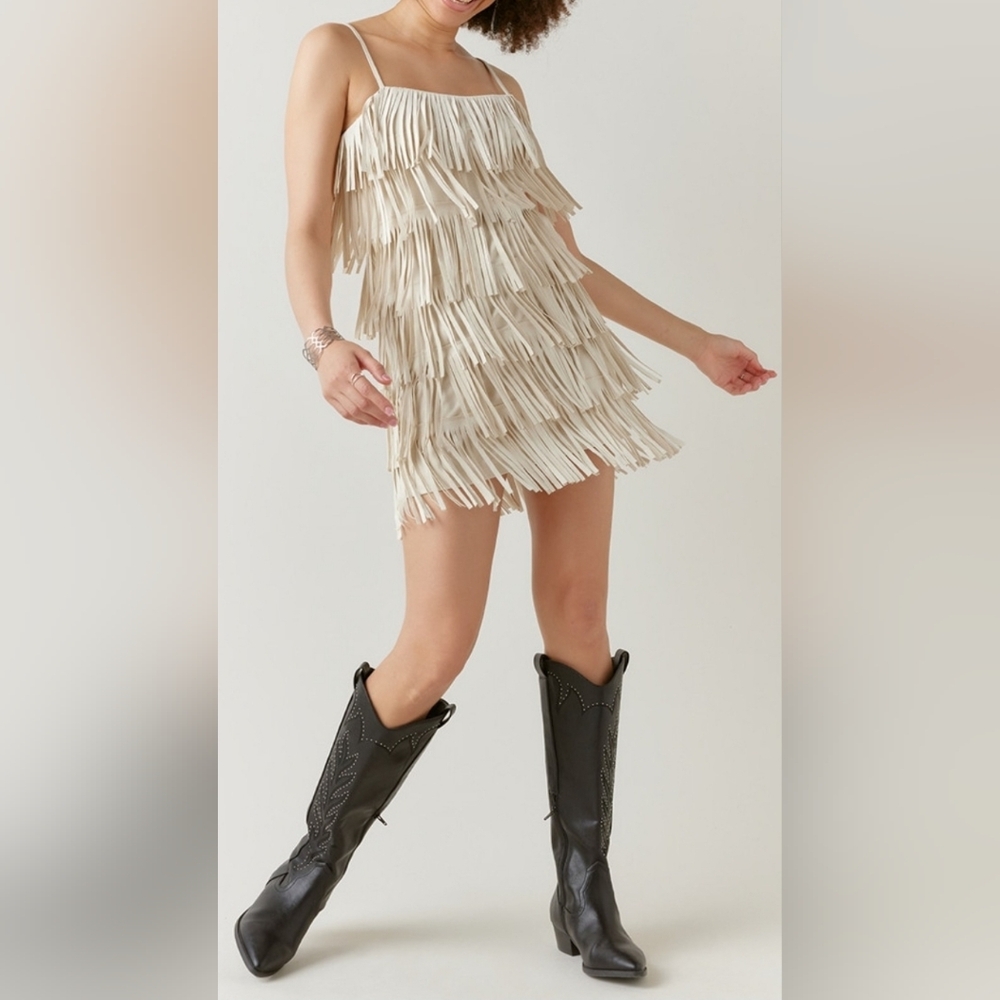 Francesca's Blue Rain Cream Faux Suede Fringe Mini Dress, Size S